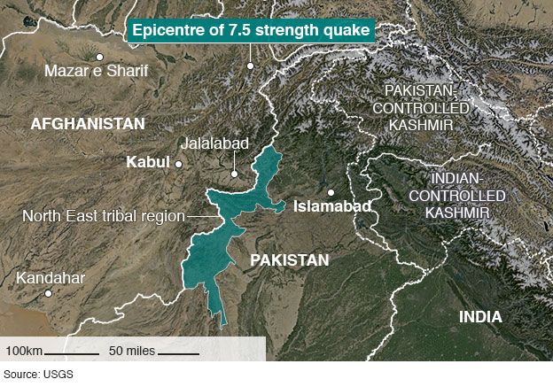 Epicentre of 7.5 magnitude earthquake that hits Afghanistan and Pakistan