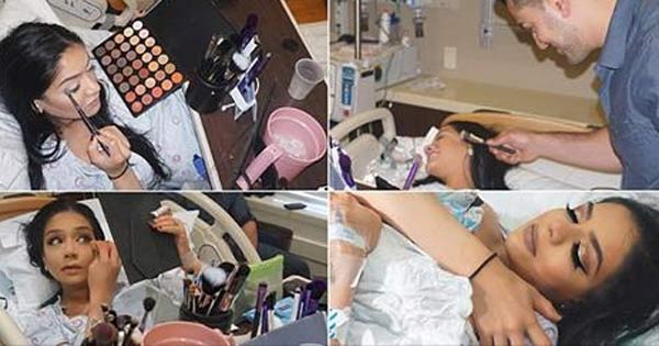 Woman applies a full face of make-up while in labor