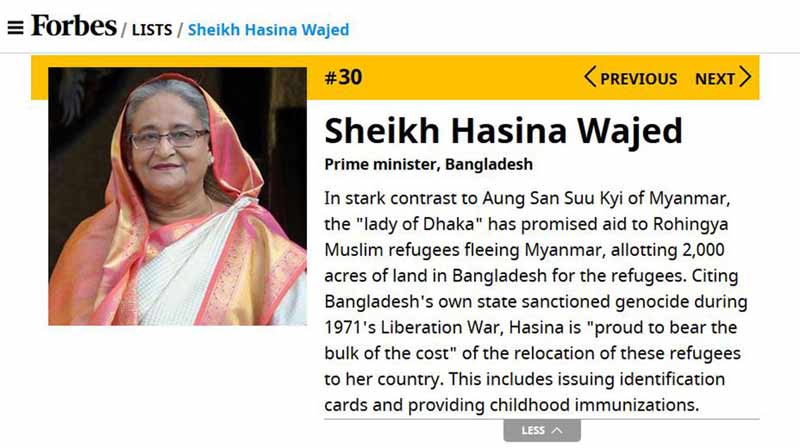 Forbes ranks Hasina as 30th most powerful women